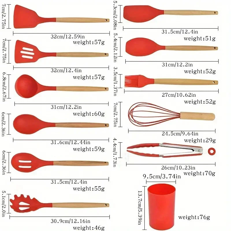 12Pcs Set of Multi-Color Silicone Wooden Handle Kitchenware Set Non Stick Cooking Utensils, Heat-Resistant