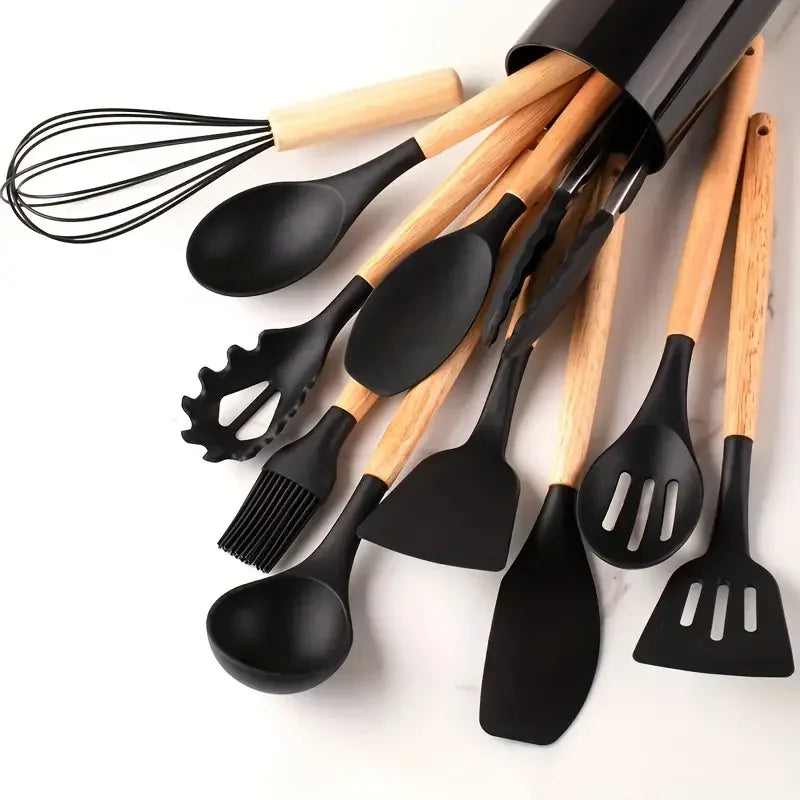 12Pcs Set of Multi-Color Silicone Wooden Handle Kitchenware Set Non Stick Cooking Utensils, Heat-Resistant