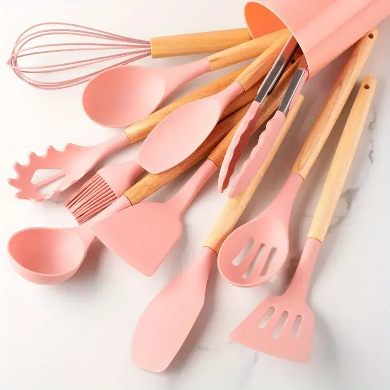 12Pcs Set of Multi-Color Silicone Wooden Handle Kitchenware Set Non Stick Cooking Utensils, Heat-Resistant