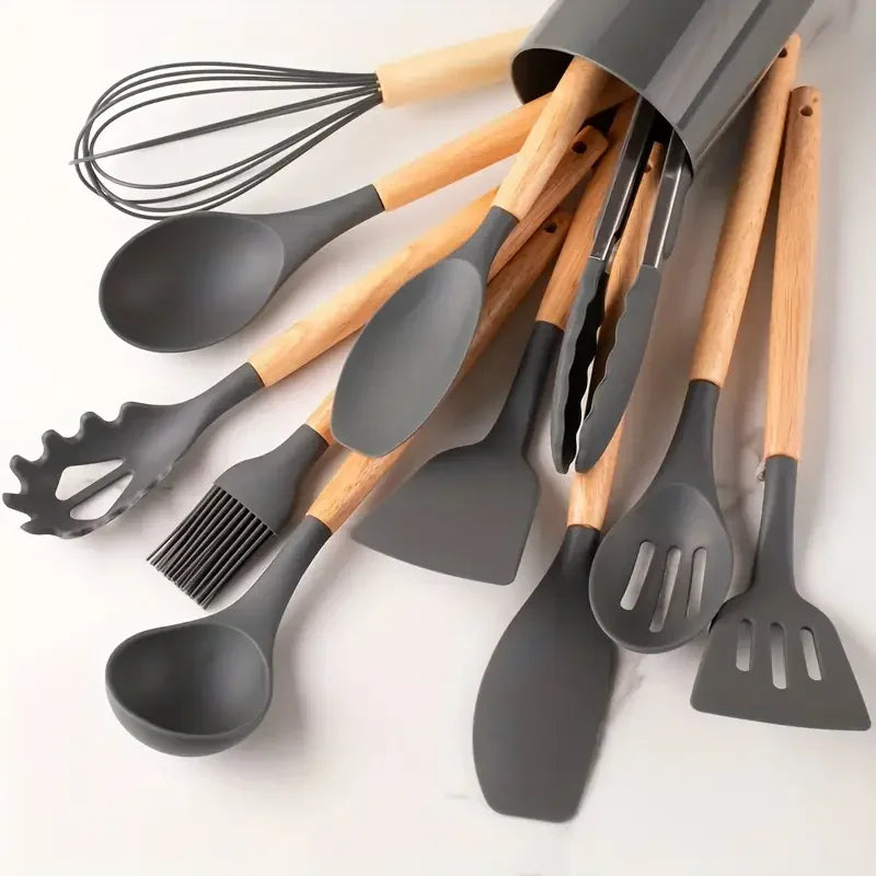 12Pcs Set of Multi-Color Silicone Wooden Handle Kitchenware Set Non Stick Cooking Utensils, Heat-Resistant